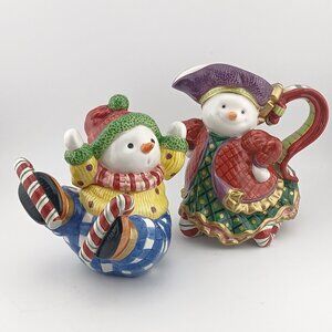 Fitz And Floyd Essentials Vintage Snow Guys Sugar/Creamer Set w/Spoon /Box Mint